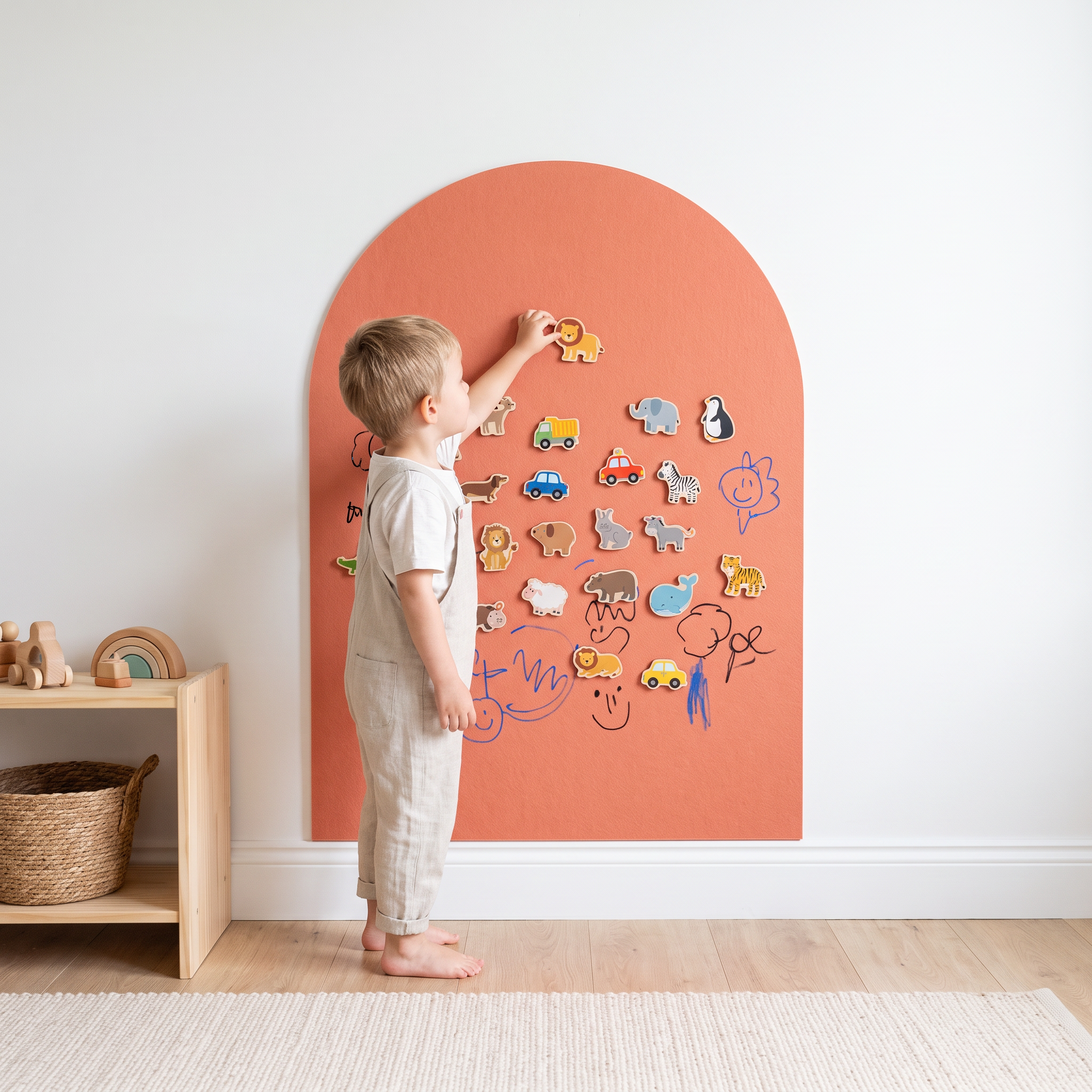 Enfant qui joue avec des aimants en bois sur l'arche